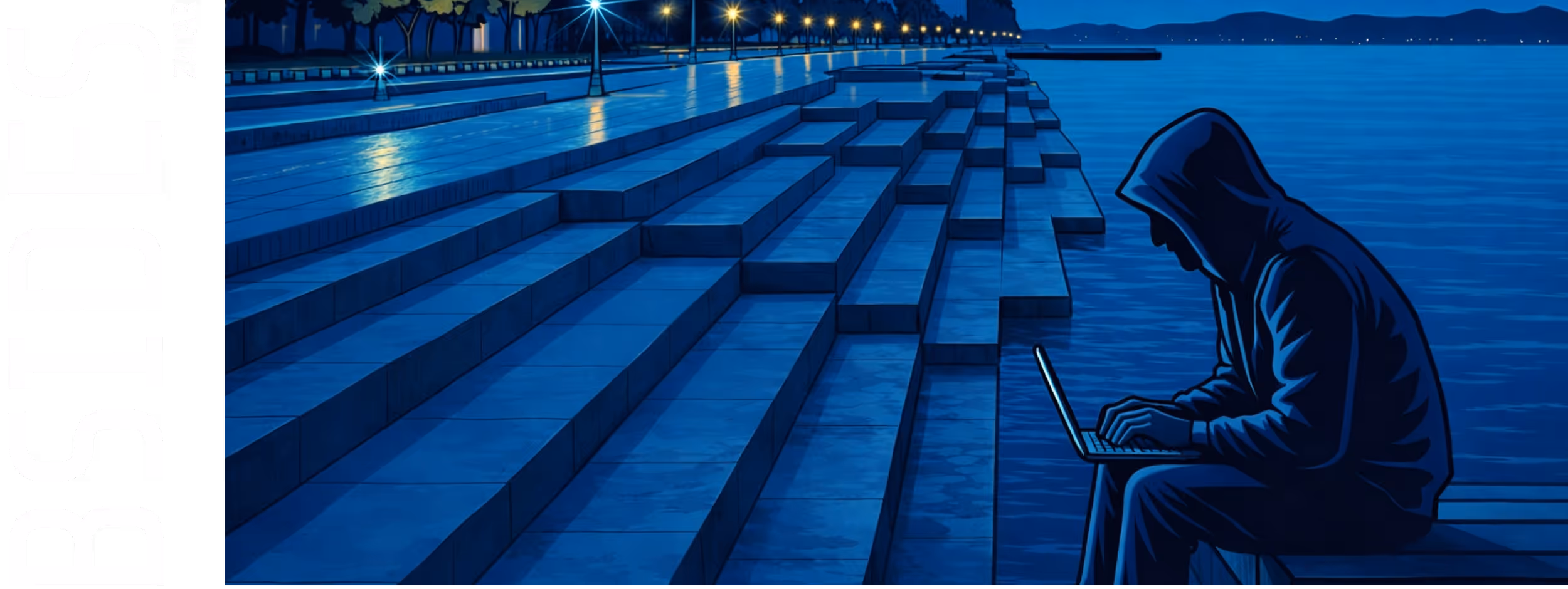 Person using a laptop on the Sea Organ steps in Zadar, Croatia at night, visual for BSides Zadar 2026