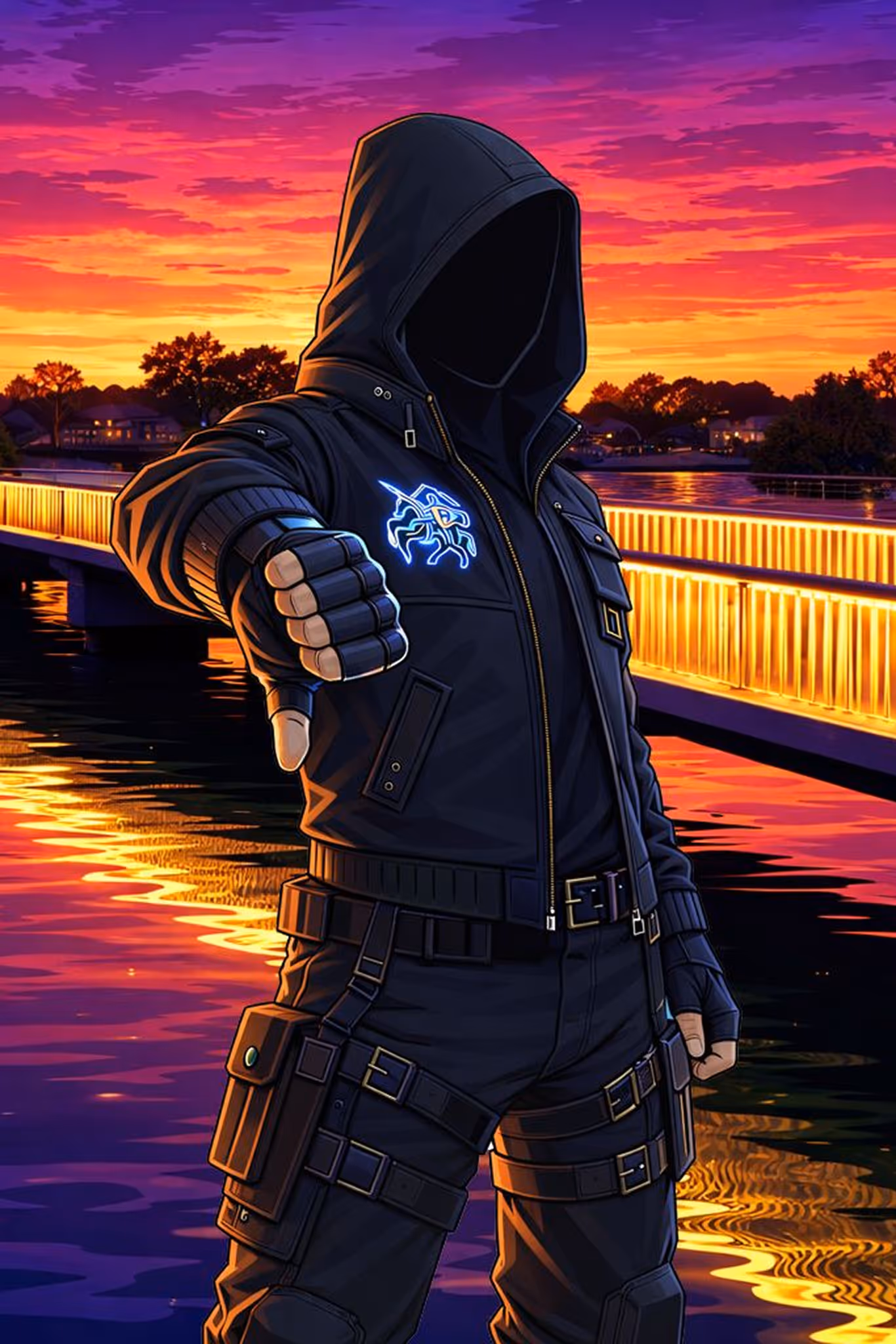 Illustration of a hooded person on City Bridge in Zadar, Croatia at sunset